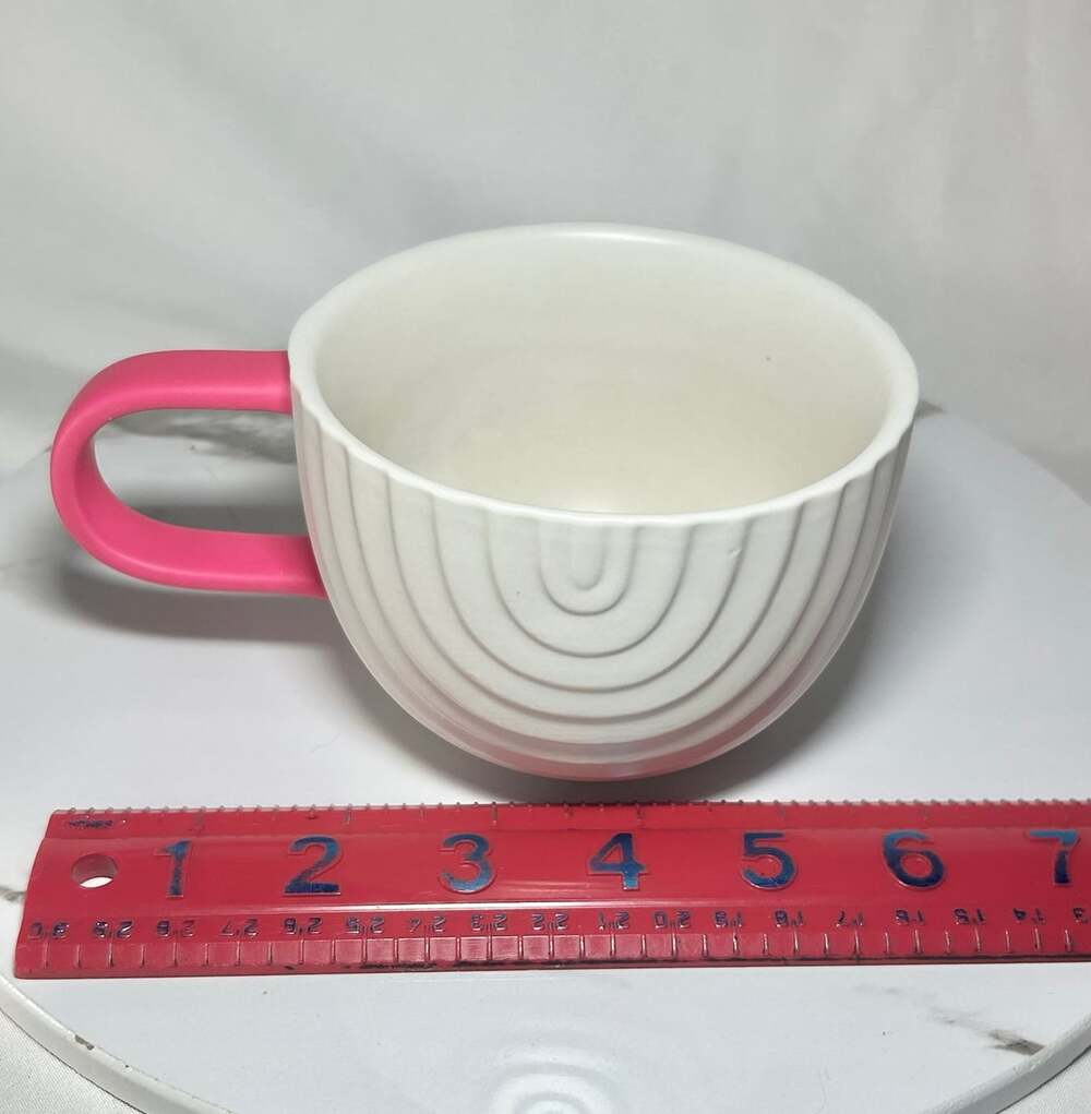 Starbucks 2018 Rainbow White Coffee Mug Cup with Hot Pink handle12oz Cappuccino